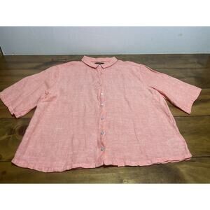 Tahari Orange Button Up Casual Short Sleeve 100% Linen Shirt Top Size Medium